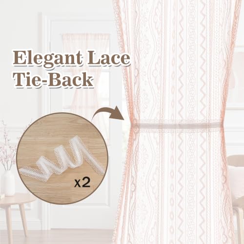 Image of MYSKY HOME Pink Lace French Door Curtains 72 inch Long 2 Panels Boho Sheer Floral Curtains for Door Window Scalloped Doorway Sidelight Curtains Come with 2 Matching Tie-Backs, 26 inch Wide Each Panel