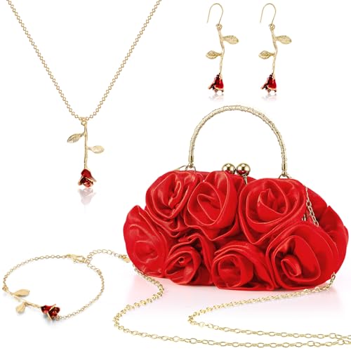 Abbylike 4 Pcs Women Costume Accessories Set Red Rose Gold Necklace Women Rose Shaped Clutch Rose Pendent Bracelet Flower Jewelry Princess Dangle Earrings for Wedding Gifts