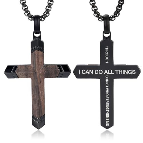Image of Wooden Cross Necklace for Men with Stainless Steel Adjustable Chain 24-26in, Christian Wood Crucifix Pendant Gift for Him