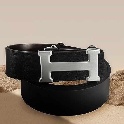 Image of Aurolran Men&Womens Leather Dress Belt Business Automatic Buckle Belt Color-Black Silver Gold