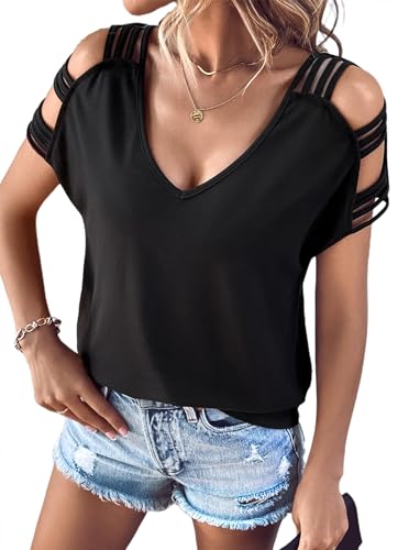 Remidoo Women's Ladder Cut Out T Shirt Tops Short Sleeve V Neck Tee Top Blouses
