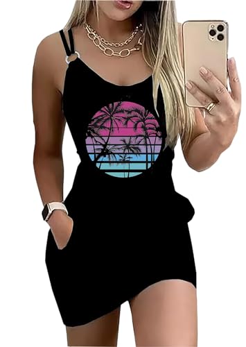 Image of Live Simple Coconut Tree Color Block Pocket Mini Dress Women Summer Beach Sleeveless Strap Tshirt
