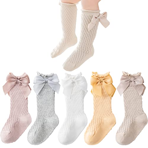 Image of Colorful Childhood Baby Girls Knee High Socks Toddlers Tube Ruffled Bow Stockings Infant Newborn Cotton Princess Frilly Socks
