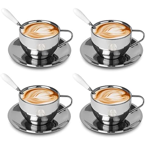 Afranti Stainless Steel Coffee Cup Set, Double Walled Insulated Coffee Mug 180ml Milk Cup with Saucer and Spoon Perfect for Home Dining, Bar, Office & Tea House Cover