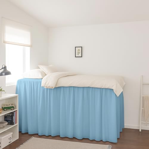 Krishna College Dorm Room Ruffle Bed Skirt with Split Corners, 100% Brushed Microfiber Ultrasoft, Breathable, Twin XL Bedding Extended 36 Inch Drop, Light Blue