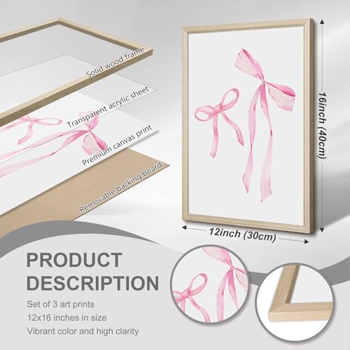 Pink Bow Floral Wall Art Preppy Aesthetic Canvas Wall Decor Trendy Coquette Posters Pink Bow Pictures Chinoiserie Flower Prints Painting for Girls Dorm College Apartment 12x16 Inch Framed Set of 3 by Pennclys - Used condition - Image 2