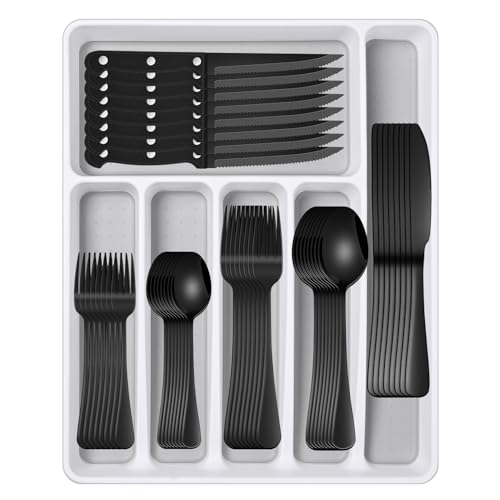 Black 49 Pieces Stainless Steel Flatware Sets With Organizer,Black Silverware Sets With Steak Knives Service For 8,Black Tableware Cutlery Sets For Home Kitchen by Dehov - Used condition - US$31.65