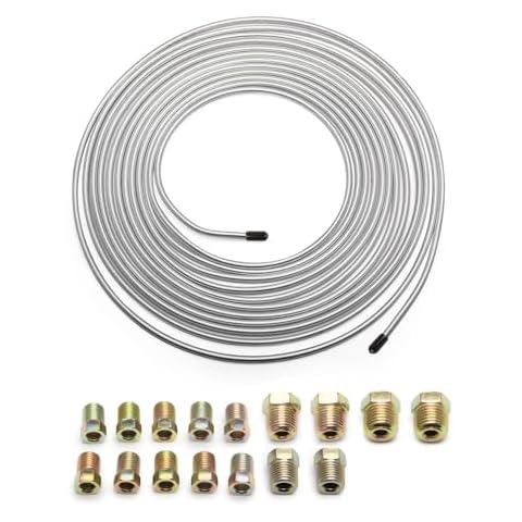 25Ft of 3/16 Brake Line Kit - Includes 16 Inverted Flare Brake Line Fittings - Zinc Plated Copper Brake Line Tubing - Universal Copper Coil Brake Line Repair Kit for Car,Home,Industrial (Silver) Cover