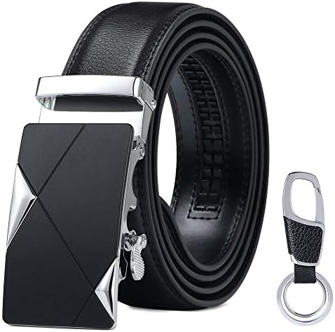 flintronic Mens Leather Belt, Automatic Buckle Leather Ratchet Belt 3.5cm * 125cm (Keychain & Gift Box Include)