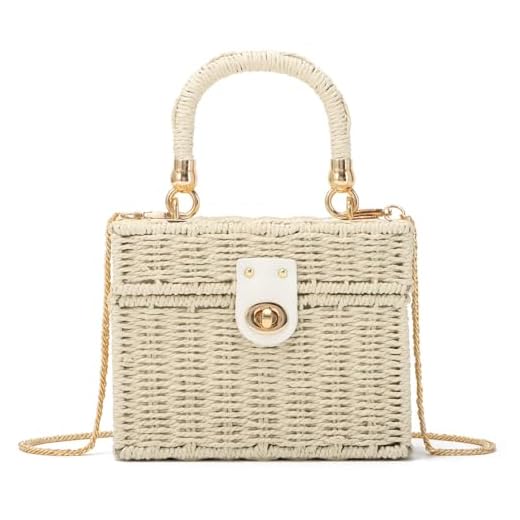 SUTUKU Bolso de Mimbre Tejido a Mano para Mujer, Bolso de Cesta Cuadrado de Playa Vintage de Paja Tejida