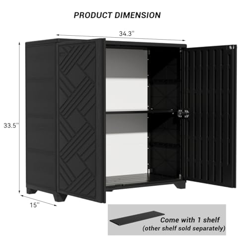 Image of KINYING Outdoor Storage Cabinet Waterproof, 60 Gallon Resin Outdoor Storage Shed for Patio /Garden /Backyard, Outdoor Storage Box for Cushions,Garden Tools and Pool Supplies(Black with 1 Shelving)