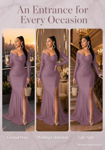 Image of Fooullaide Women Sexy Off Shoulder Elegant V Neck Wrap Formal Evening Gowns | Bodycon, Floor Length, High Split Mermaid Maxi Dress, Stretchy, Prom, Wedding Guest, Cocktail Bridesmaid Wear
