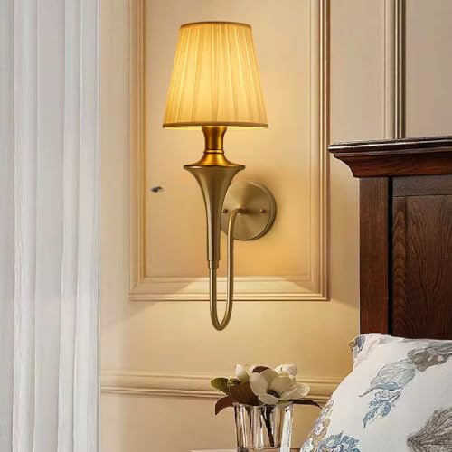 Image of Groeien Pack of 2 | Fabric Shade Contemporary Brass Finish Wall Lamp for Bedroom, Livingroom, Indoor(Bulb is Included) (Fabric-White Shade, 2)