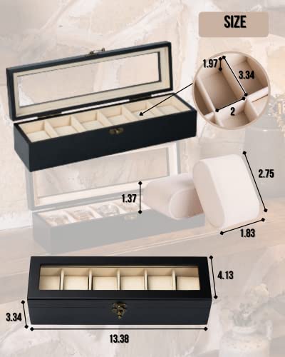 Image of Watch Box, Watch Case for Men Women with Large Glass Lid, Wooden Watch Display Storage Box with 6 - Slots, Charcoal Black Mens Watch Box Organizer