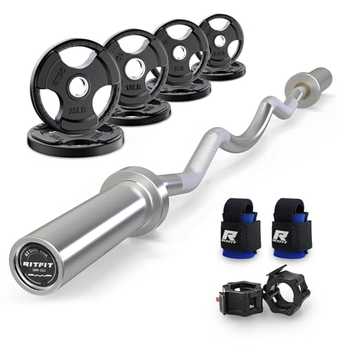 RitFit 2 Inch EZ Curl Bar Olympic Barbell with Weight Plates & Collar