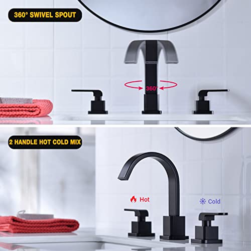 Trustmi 2 Handle 8 Inch Widespread Bathroom Faucet Brass Square Shaped Waterfall Vanity Sink Faucet With Swivel Spout, Cupc Water Supply Lines And Overflow Pop Up Drain Included, Matte Black #TOP2