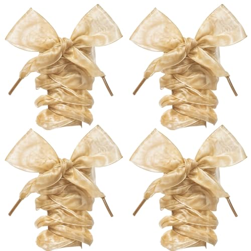 Glavatrix 2 Pairs Shoe Laces for Sneakers, 43in Chiffon Ribbon Laces for Women, Flat Snow Yarn Soft Stain Organza Shoestrings, 1.6in Wide (Gold)