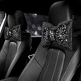 surpassme 2PCS Rhinestone Car Headrest Neck Pillow for Driving with Bling Bling Crystal Bow Pillow Car Accessories for Women (Black)