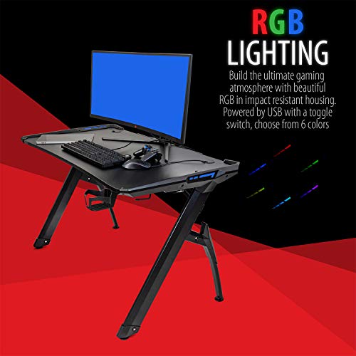 Deco Gear Carbon Fiber Desk, Durable Construction, Ergonomic, 6-Color RGB Lighting Accents, Cable Management, Cup Holder, Includes Full Size Extended Gaming Mousepad - Image 5