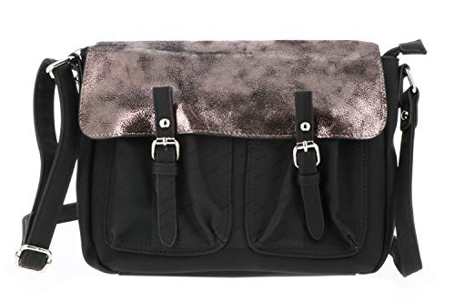 Sac Bandoulière Femme Rabat - Sacoche Cartable Porté Epaule Bimatière Brillant - Besace Messenger Fourre-Tout Taille Moyen - Simili Cuir Souple - Chic Elégant Tendance - Noir Cover