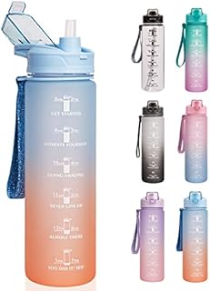 DEARRAY Motivational Sports Water Bottle 1 Litre with Straw and Time Marks, BPA Free Drink Bottles for Cycling, Fitness, Gym, Yoga, HikingBlue/Orange