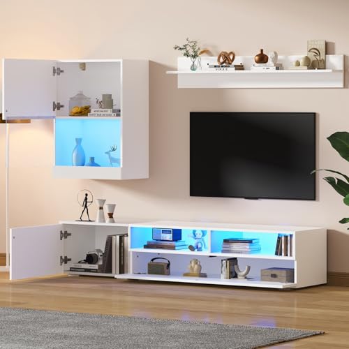 EURHCIO Ensemble Meuble TV Blanc Set of 3,Meuble Tele 175cm Longueur,étagères Verticales et étagères Murales avec Éclairage LED Réglable,Armoires,pour Télé de...