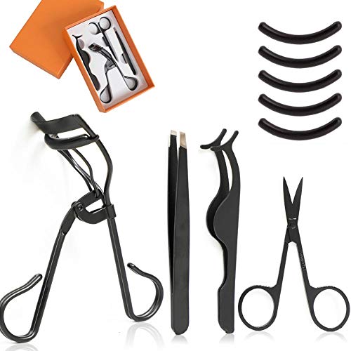 SLYbeauty Professional Eyelash Makeup Tools Set, include Eyelash Curler, False Eyelashes Extension Tweezers, Eyebrow Scissors, Eyelash Applicator Tool, 5 Pieces Black Silicone Refill Pads (Black)
