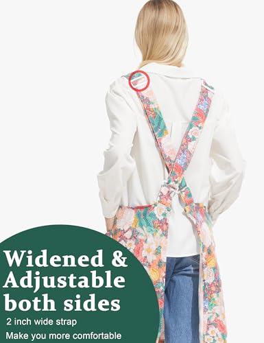 Image of Cozy Adjustable Cross Back Aprons for Women with Pockets Cotton Linen Cooking Kitchen Baking
