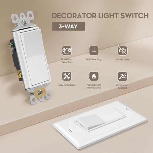 Image of ECOELER 3Way Decorator Light Switch, Electrical Rocker Paddle Wall Switch Replacement, 15A 120 /277V, Self-Grounding, On /Off Interrupter for Residential and Commercial, White, 20 Pack