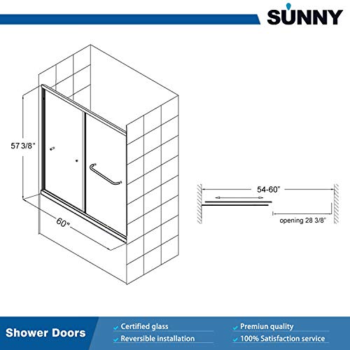 SUNNY SHOWER Glass Sliding Shower Door for Bathtub 60 W x 57.4 H inches Double Sliding Shower Bath-Tub Door 1/4 inches Clear Glass Shower Enclosure Doors for Bathroom with Brushed Nickel Finish