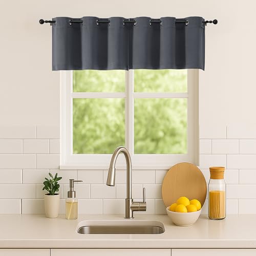 Image of Simplebrand Grey Window Valance for Kitchen 14 Inches Long 2 Panels Set, Room Darkening Valance Curtains for Living Room, Grommet Short Privacy Kitchen Curtains for Bedroom Kids Room, 40Wx14L