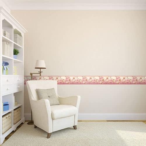 Miniatura 3 de CONCORD WALLCOVERINGS ™ Pink Blossom Floral Wallpaper Border, 4.25" x 15' Soft Pink & Cream Floral Blooms with Green Leaves, Prepasted Washable
