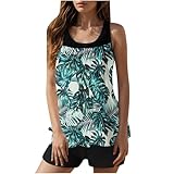Tankini Swimsuits with Shorts Tummy Control Two Piece Bathing Suits Scoop Neck Fashion Print Swimwear Blue