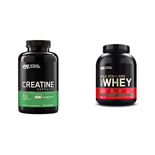 Optimum Nutrition Micronized Creatine Monohydrate Capsules, Keto Friendly, 2500Mg, 200 Capsules & Gold Standard 100% Whey Protein Powder, Double Rich Chocolate, 5 Pound #TOP26