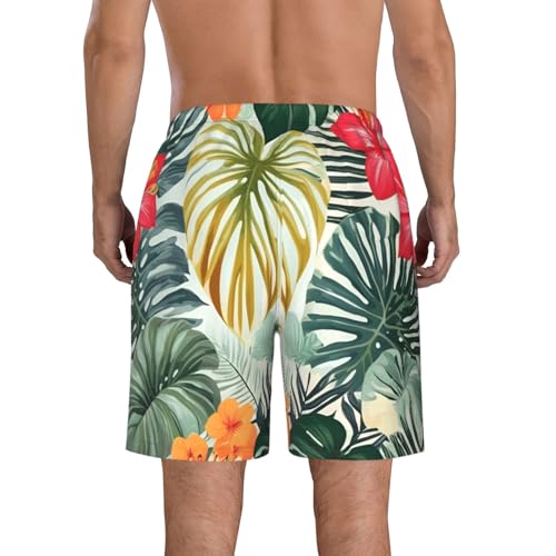 Leaves with Hibiscus Print Stylish Beach Shorts Swim Trunks Lightweight Breathable Summer Outdoor Activities3