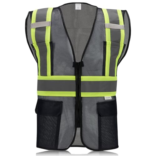 SULWZM High Visibility Reflective Safety Vest with Zipper and Pockets Translucent Black,XL