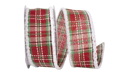 Reliant Ribbon 93928W-985-09F Plaid Saddle Stitch Snowy Frizzette Wired Edge Ribbon, 1-1/2 Inch X 10 Yards, Red/Green