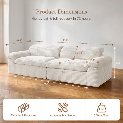 Image of Vesgantti 118 inch Modular Sectional Couch, Comfy Corduroy Upholstered Cloud Couches for Living Room, Modern 3 Seater Sofa with Deep Seat, Warm White