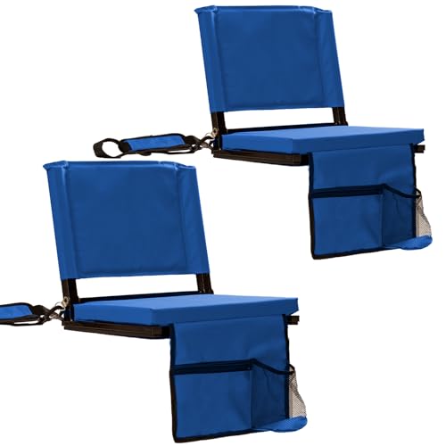 Image of Stadium Seats with Back Support for Bleachers, Folding Bleacher Chairs with Back and Cushion, Padded Seat with Shoulder Strap, Large Mesh Pocket & Carry Handle, Dark Blue, 2pcs