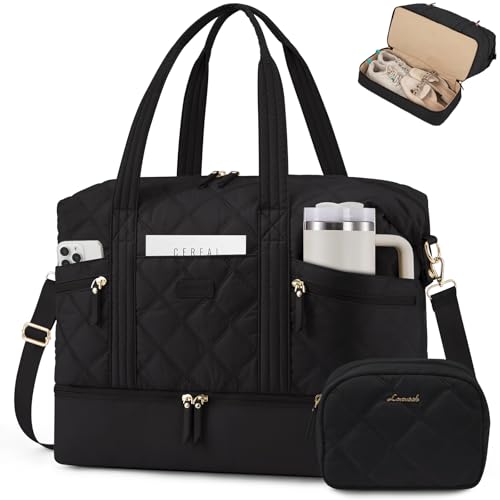 LOVEVOOK Travel Duffle Bag, Lightweight Weekender Bags for Women with Shoe Compartment, Puffer Gym Bag Personal Item Travel Bag, Quilted Overnight Bags and Hospital Bag for Labor and Delivery, Black