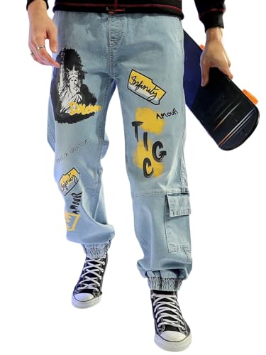 Image of The Indian Garage Co Men Loose Fit Solid Mid-Rise Stretchable Denim Joggers