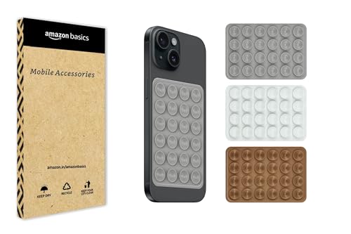 Image of amazon basics Suction Phone Case Anti-Slip Silicone Hands-Free Sticky Pads for Phone Case Mount for Selfies Videos Mirror Shower Car Dashboard - Gray,White,Brown (Pack of 3)