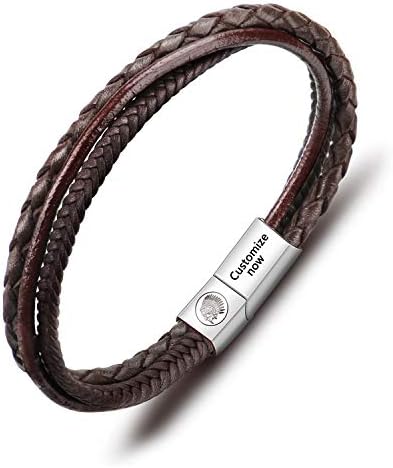 Mens Leather Bracelet  Classic Handmade Braided Black & Brown Cuff Bracelet with Engraved Magnetic Clasp Free Jewelry Gift Boxed