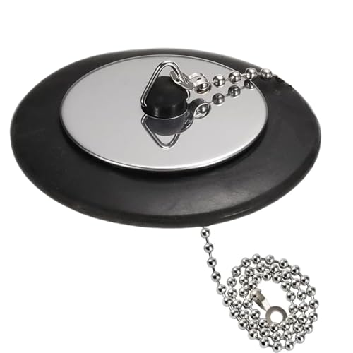 Universal Sink Plug, Bath Stopper with Stainless Steel Chain, Black Rubber, 43mm Bathroom Sink Plug Replacement, Drain Stopper for Kitchen (Size 1.65in To 1.77in, Chain 15.7in)