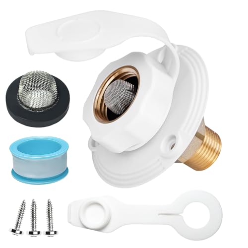 Image of RV City Water Inlet with Check Valve - 3 /4″ NH to 1 /2″ NPT Brass, White Dust Cap
