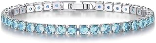 Crystal Birthstone Tennis Bracelet in Sterling Silver Plated Brass, Birthstone Bracelets, Round 4mm, 7'' Length, Fold over Clasp, Hypoallergenic Fashion Jewelry for Women, Gift Box Included