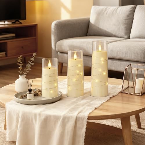 Image of Raycare Flameless Candle with Remote Timer, 3 Flickering Acrylic Battery Operated LED Pillar Candles with Embedded Star String for Christmas, Wedding, Home Table Decor, and as a Gift (Ivory White)