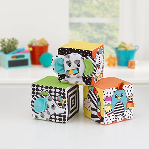 Image of NoJo Sassy Baby Eli Elephant, Zebra and Monkey Multi-Colored Developmental Plush Baby Blocks, Set of Three with Crinkle, Mirror and Chime