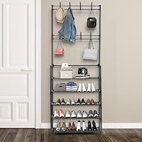 Oyajia Coat Stand,Coat Rack with Shoe Rack,4-in-1 Design,with 8 Removable Hooks and 5-Layer Fabric Shoe Rack,can Hold Clothes/Bags/Shoes/Hats, size 175 x 60 x 28 cm, Modern White.