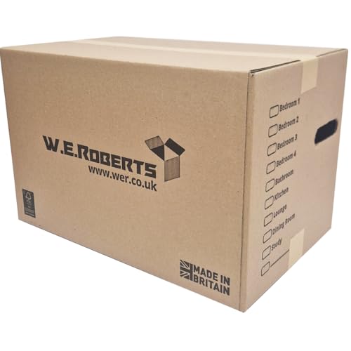10 Strong Large Cardboard Storage Packing Moving House Boxes with Carry Handles and Room List – Ideal for Storage, Moving, and Packing 18" x 11" x 11" internal. Made in the UK